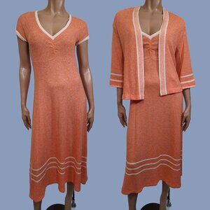 Vintage 70s Long Sweater Dress Cardigan 2 Piece Set Orange White Striped Size M